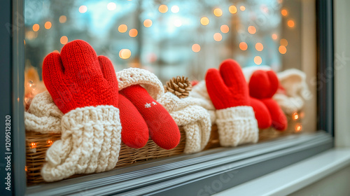 Red mittens and cozy scarves decorate a window during the holiday season in a charming neighborhood photo