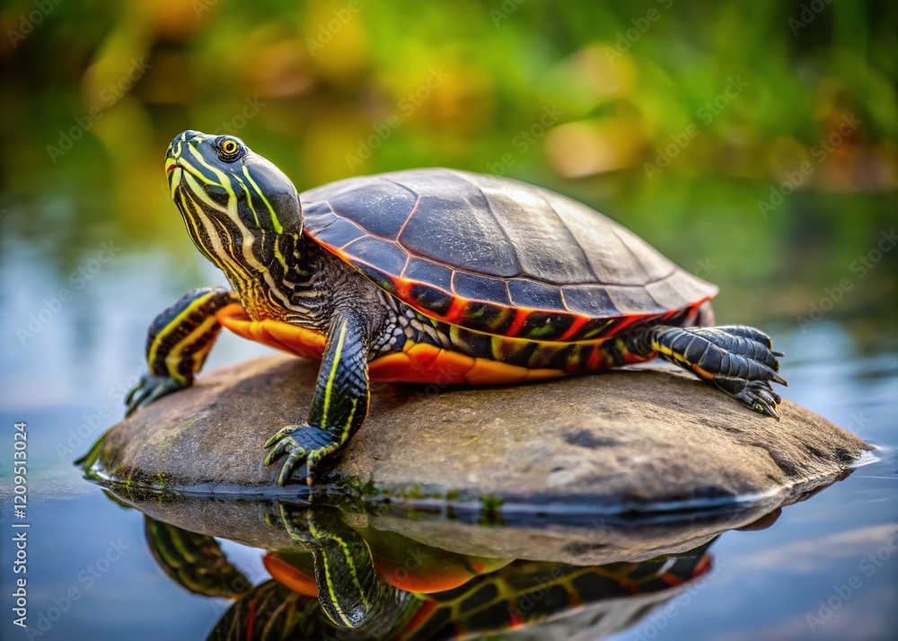 Painted Turtle Chrysemys Picta Resting on Smooth Rock, Close-Up View, Natural Habitat