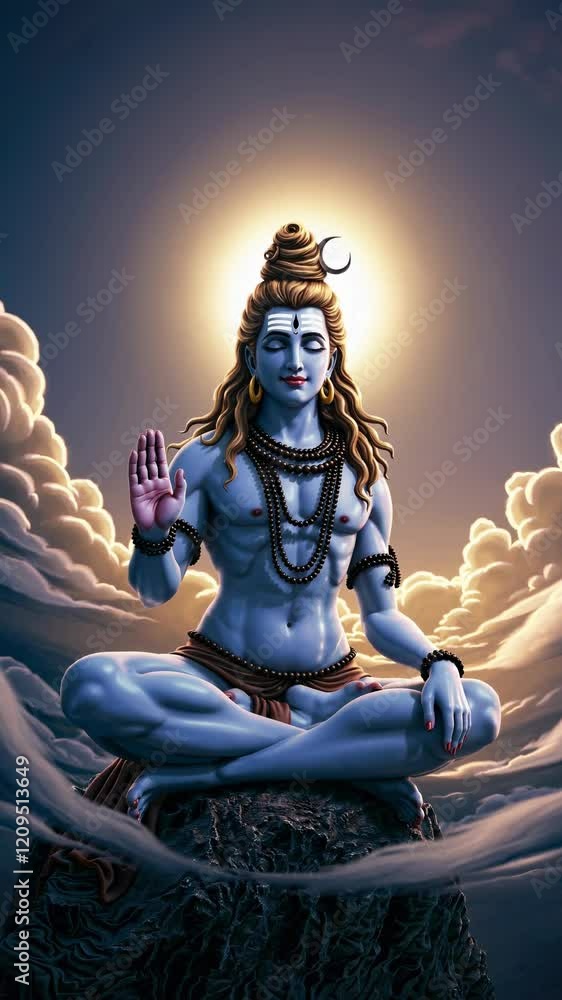 Majestic Lord Shiva sits in a meditative pose on a rock, his blue skin contrasting against the backdrop of a glowing halo and swirling clouds