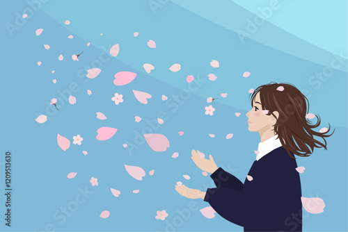 春風に桜が舞う