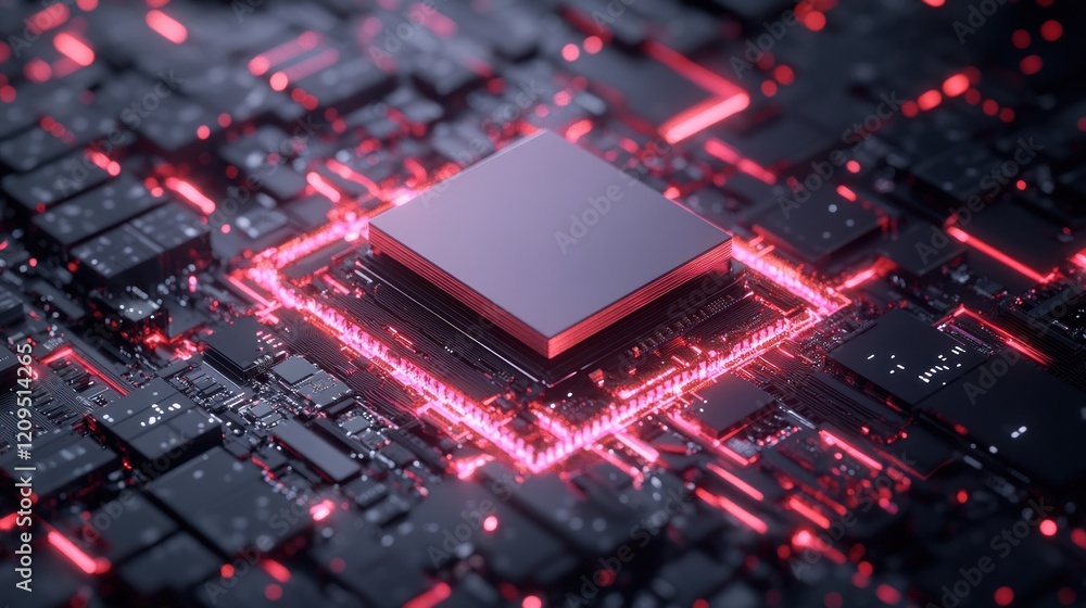 Red Glowing Circuit Board With Processor Red Glowing Circuit Board With Processor