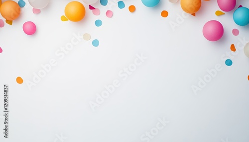 Colorful party decorations with balloons and confetti on a clean white background photo