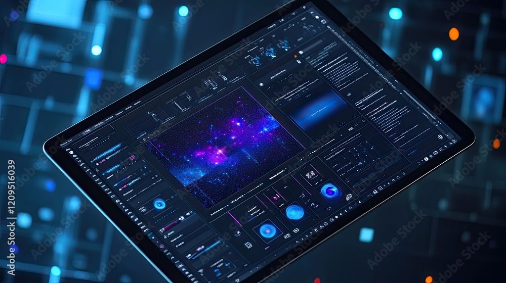 Obraz premium A top-down view of a tablet showing AI video generation tools, with visual processing of video content, and clean workspace surrounding it for text.