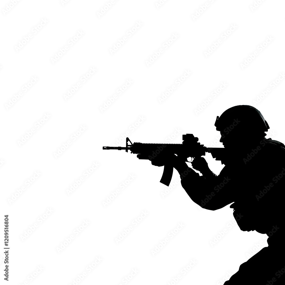 A silhouette of a soldier firing from behind cover, symbolizing tactical engagement. Soldier behind cover.
A silhouette of a soldier firing from behind cover, symbolizing tactical engagement. Soldier behind cover.
