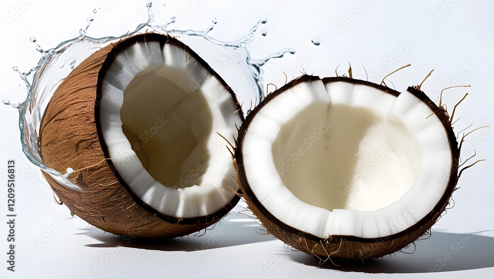 Fresh coconut halves with water splash create refreshing scene. vibrant brown shell contrasts with white flesh, evoking tropical feel Fresh coconut halves with water splash create refreshing scene. vibrant brown shell contrasts with white flesh, evoking tropical feel