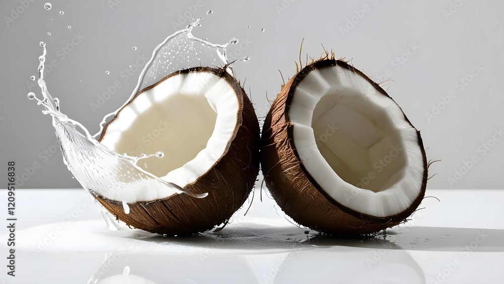 Halves of coconut with water splash isolated on light background, showcasing fresh and tropical essence of coconut. Perfect for culinary or beverage themes Halves of coconut with water splash isolated on light background, showcasing fresh and tropical essence of coconut. Perfect for culinary or beverage themes
