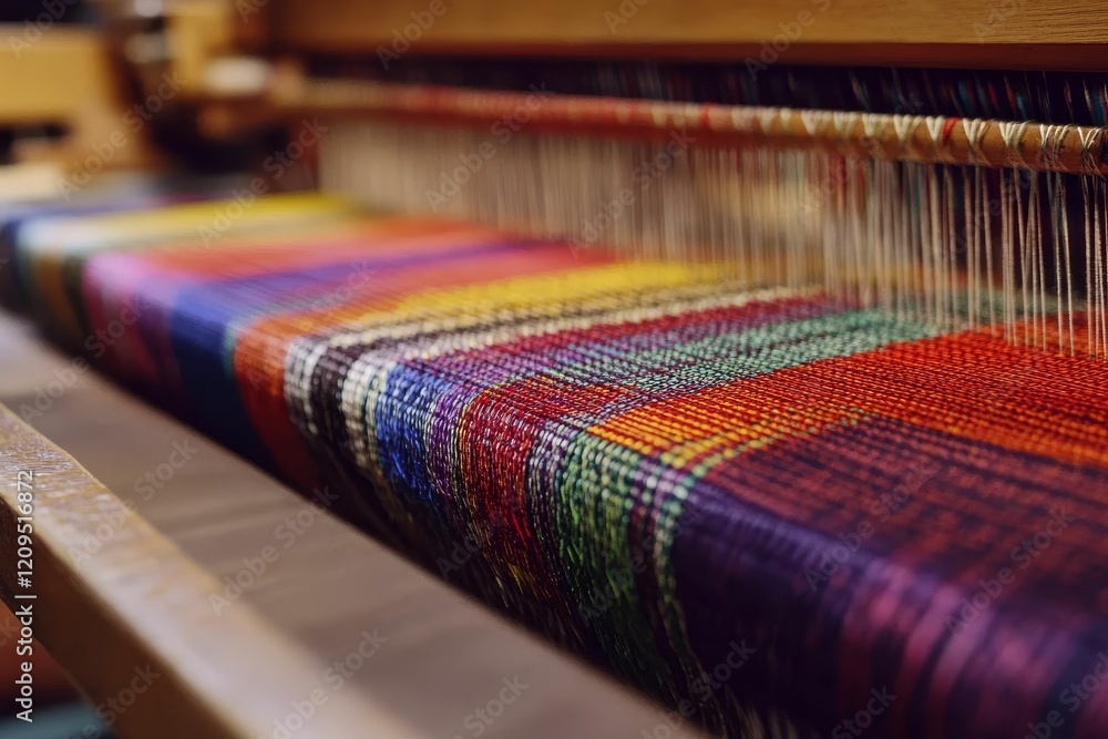 Loom holds vibrant woven material with warp threads. Loom holds vibrant woven material with warp threads.