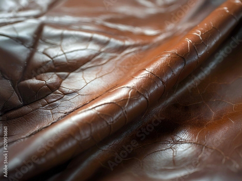 Detail of rich brown leather showing texture and grain patterns in soft light, emphasizing the natural quality of luxury material photo