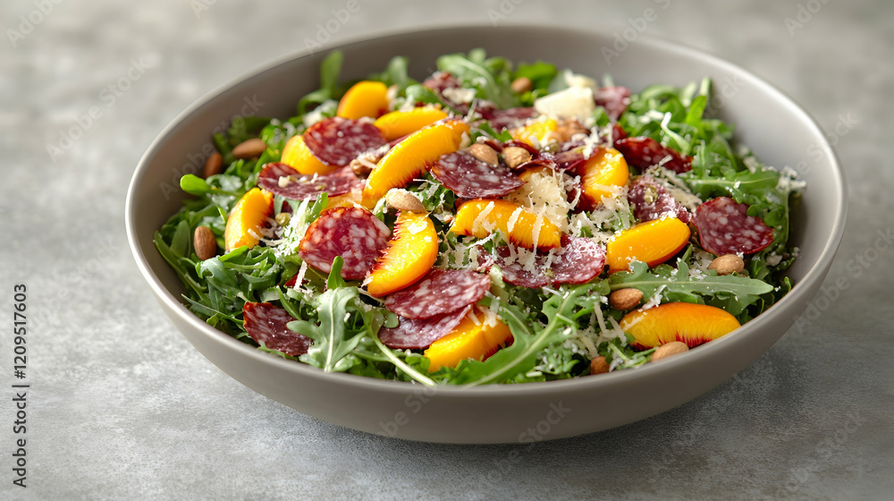 Delicious Peach and Salami Salad with Arugula and Parmesan, peach salad, arugula salad, parmesan salad, summer salad, healthy salad Delicious Peach and Salami Salad with Arugula and Parmesan, peach salad, arugula salad, parmesan salad, summer salad, healthy salad
