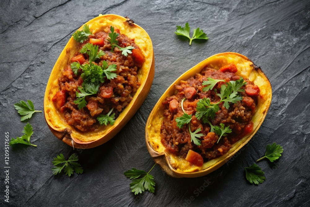 Aerial View: Hearty Meat Sauce Stuffed Spaghetti Squash on Slate Aerial View: Hearty Meat Sauce Stuffed Spaghetti Squash on Slate