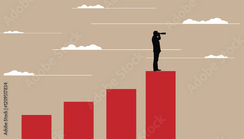 Business Man Silhouette with Spyglass Standing High. Financial success and CEO management concept vector art
