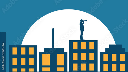 Business Man with Spyglass on Night Time Office Building. Financial success and CEO management concept vector art