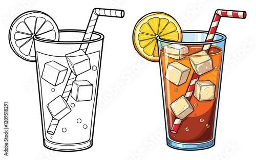 Sweet Lemon Iced Tea Line Art Vector Illustration Black and White with Coloring Sample. Bold and Easy Food, Fruits, Sweets, Drinks, Dessert, and Snacks Coloring Pages for Adults and Kids