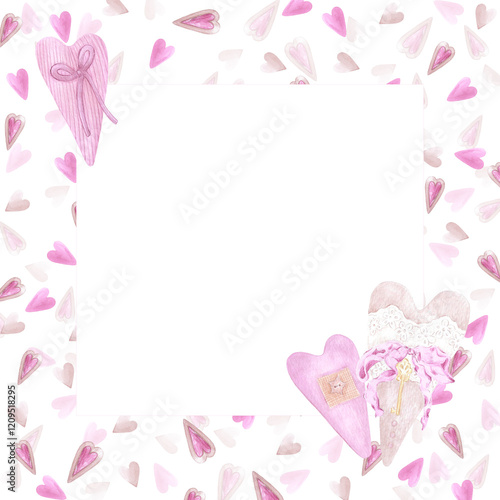 Hand drawn watercolor St. Valentine frame border. Illustration of hearts isolated on white background. Can be used for postcard, label, scrapbook and other printed products.