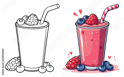 A Red Smoothie or Milkshake Line Art Vector Illustration Black and White with Coloring Sample. Bold and Easy Food, Fruits, Sweets, Drinks, Dessert, and Snacks Coloring Pages for Adults and Kids