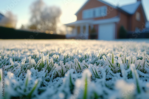 Frosted grass in front of house with sunlight and winter landscape. photo