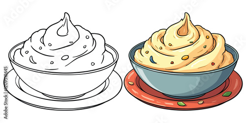 Mashed Potatoes Line Art Vector Illustration Black and White with Coloring Sample. Bold and Easy Food, Fruits, Sweets, Drinks, Dessert, and Snacks Coloring Pages for Adults and Kids