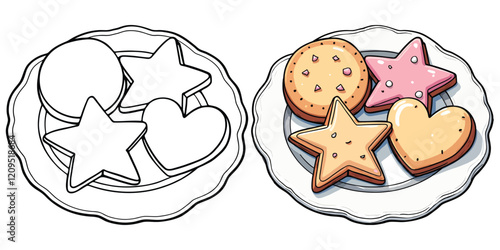 Different Shape of Cookies and Biscuits Line Art Vector Illustration Black and White with Coloring Sample. Bold and Easy Food, Fruits, Sweets, Drinks, Dessert, and Snacks Coloring Pages for Adults and