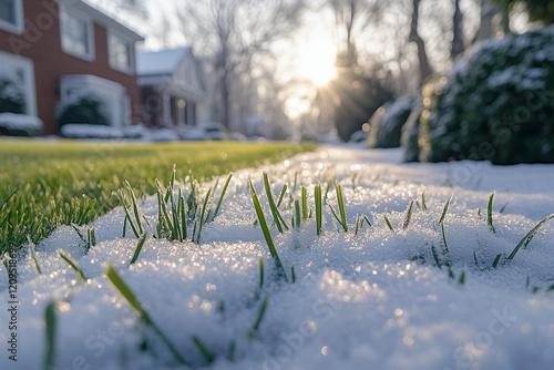 Frosted grass with snow in front of house and glowing sunset light. photo