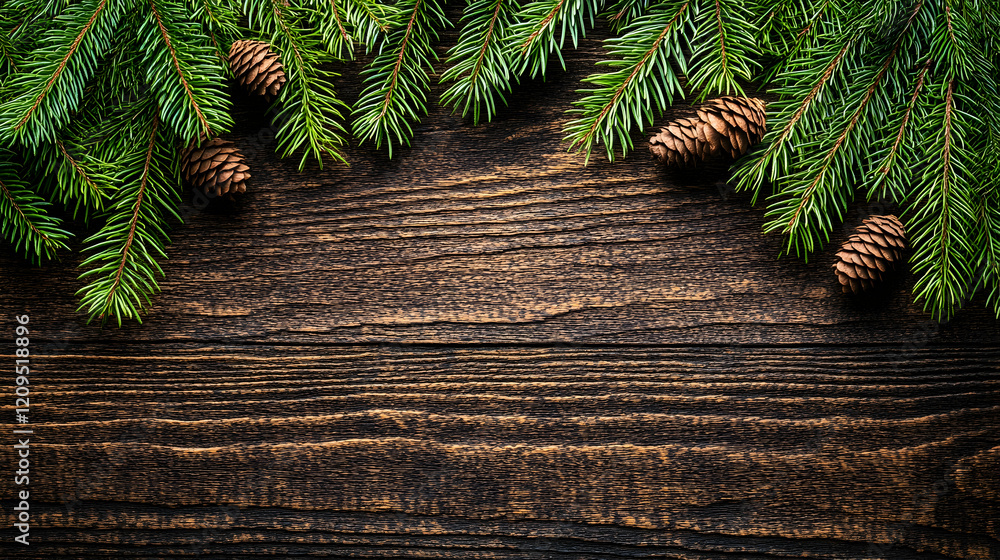 Christmas Border of Pine Branches and Cones on Rustic Wood, wooden, background, texture, holiday, winter Christmas Border of Pine Branches and Cones on Rustic Wood, wooden, background, texture, holiday, winter