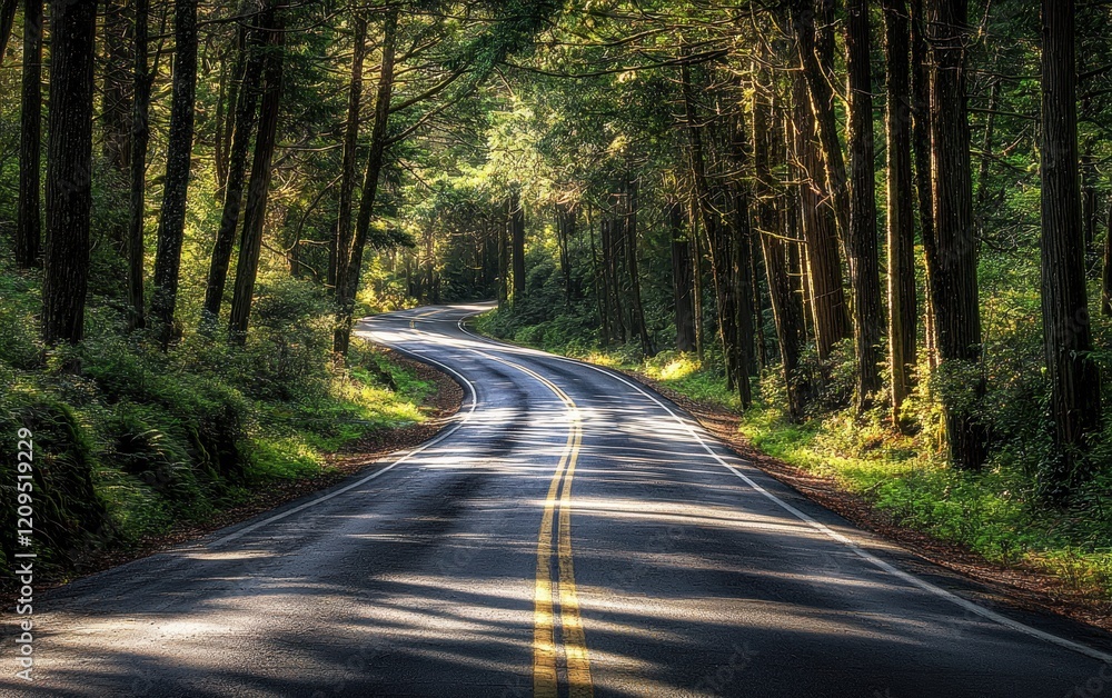 Serpentine road cutting through dense forest with dramatic shadows and sunlight Serpentine road cutting through dense forest with dramatic shadows and sunlight