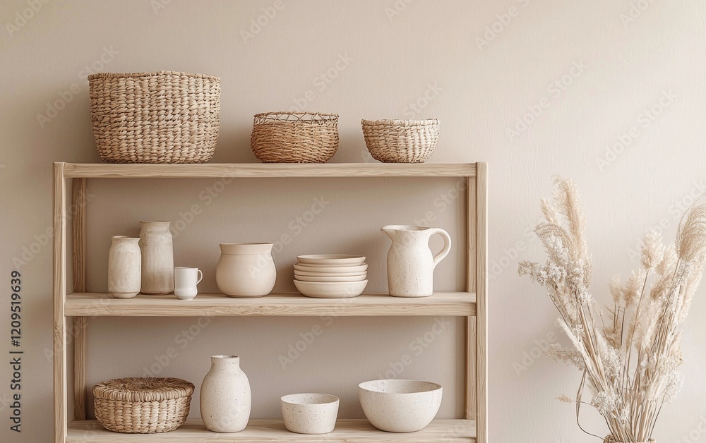 Simple Nordic wooden bookshelf with neatly arranged decor, pastel ceramics, and woven baskets, set against a soft beige wall Simple Nordic wooden bookshelf with neatly arranged decor, pastel ceramics, and woven baskets, set against a soft beige wall