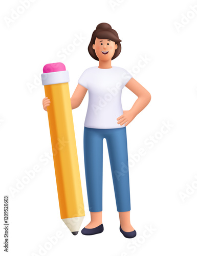 Young smiling woman Jane stands and holds big yellow pencil. Copywriting, creativity and education concept. 3d vector people character. Cartoon minimal style.