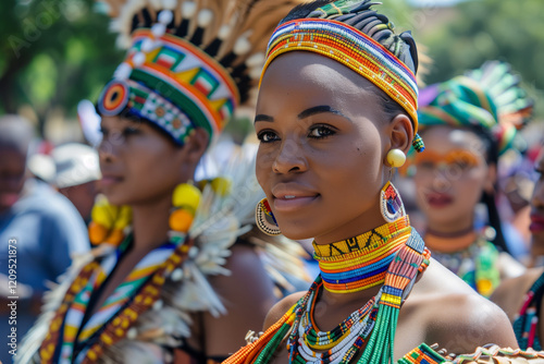 Woman adorned in vibrant traditional beaded attire during a cultural celebration, showcasing intricate patterns and vivid colors, surrounded by others in ceremonial outfits photo