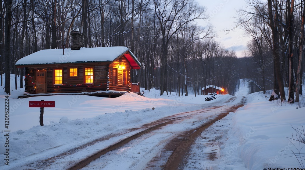 Cozy Winter Cabin in Snowy Forest at Dusk Cozy Winter Cabin in Snowy Forest at Dusk