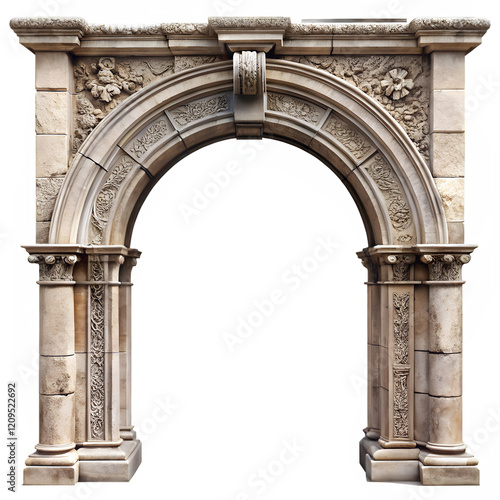 Weathered Stone Archway with Elegant Carvings. Perfect for: Cultural festivals, historical reenactments, architectural showcases photo