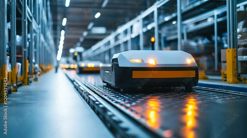 Fototapeta premium Robots move on a track in a warehouse.