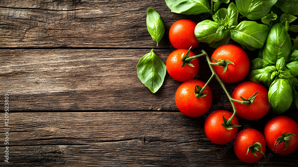Fresh Tomatoes and Basil on Rustic Wooden Background, wooden texture, vegetables, herbs, ingredients, cooking Fresh Tomatoes and Basil on Rustic Wooden Background, wooden texture, vegetables, herbs, ingredients, cooking