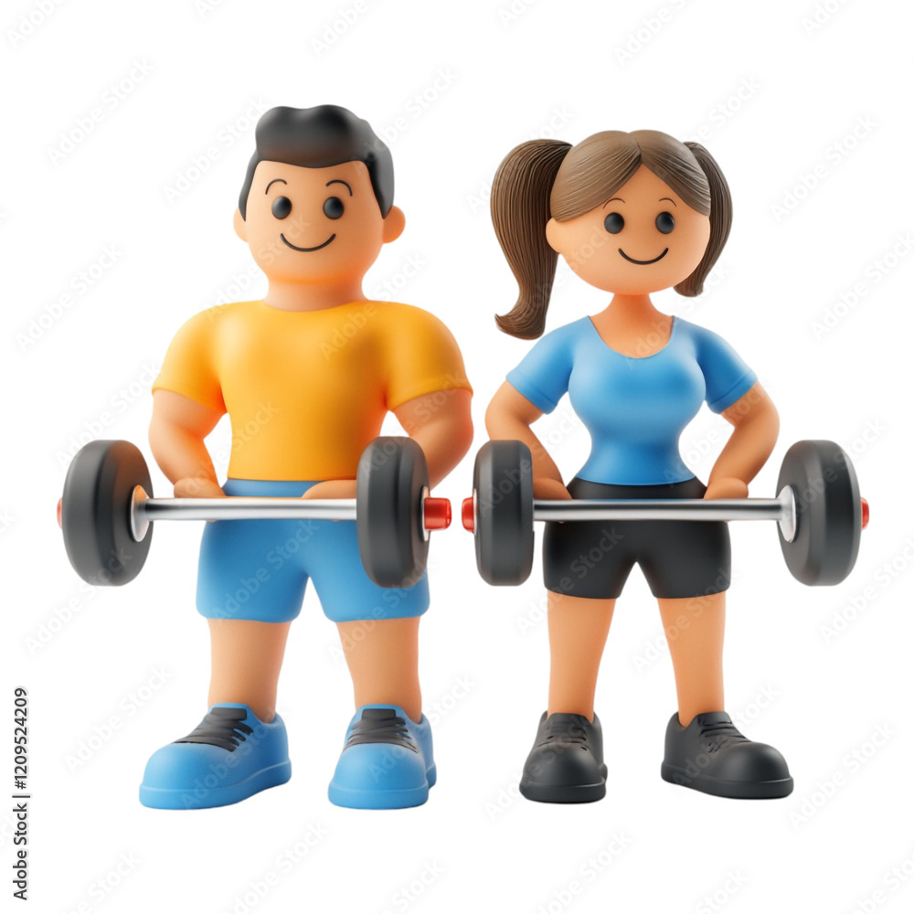 Obraz premium Fit couple lifting weights gym workout fitness exercise strong healthy lifestyle bodybuilding weightlifting man woman cartoon 3D model