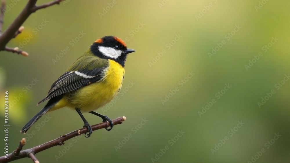 A Vibrant Yellow and Black Bird Perched on a Branch, Displaying Its Striking Plumage Against a Soft, Out-of-Focus Green Background A Vibrant Yellow and Black Bird Perched on a Branch, Displaying Its Striking Plumage Against a Soft, Out-of-Focus Green Background