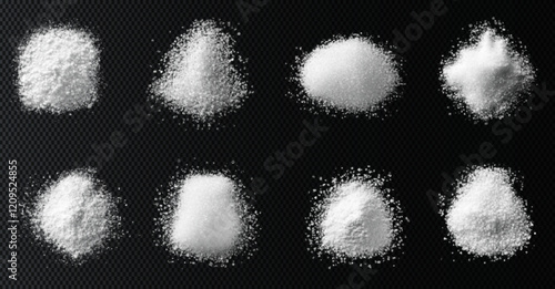 vector collection of sugar textures in various forms: fine powder, crystals, and coarse granules. High-quality images with a black background, ideal for design, culinary, or background use.