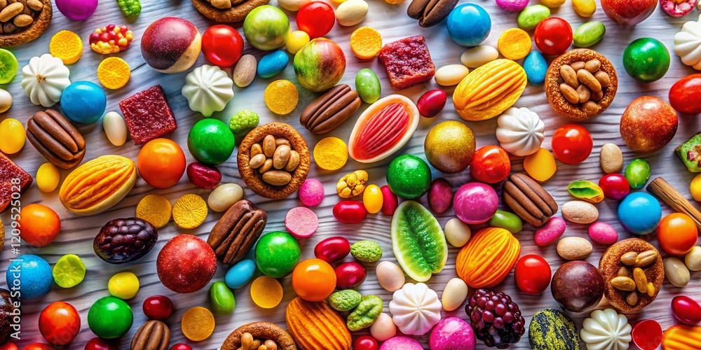 Fototapeta premium Aerial View of Colorful Candy and Nuts Scattered on a White Surface