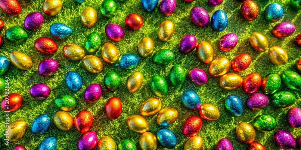 Aerial View of Colorful Foil Easter Eggs Scattered on Grass Aerial View of Colorful Foil Easter Eggs Scattered on Grass