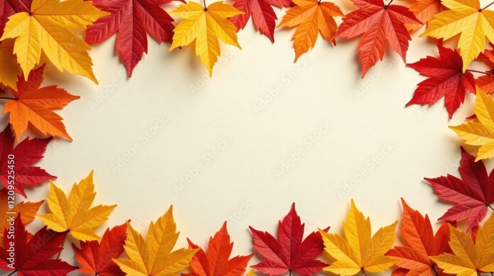 Autumnal foliage border design with vibrant red and gold leaves on a light beige background, perfect for seasonal greetings or fall-themed projects. Autumnal foliage border design with vibrant red and gold leaves on a light beige background, perfect for seasonal greetings or fall-themed projects.