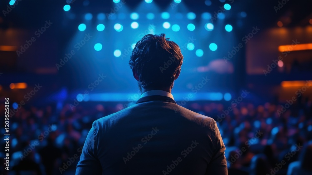 Speaker stands before a large audience bathed in the cool blue light of the stage