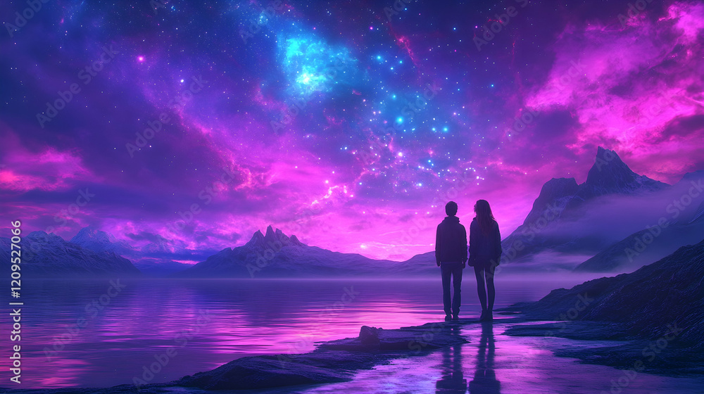 Obraz premium Couple Silhouetted Against a Vibrant Night Sky and Mountains, stars, galaxy, nebula, lake, water