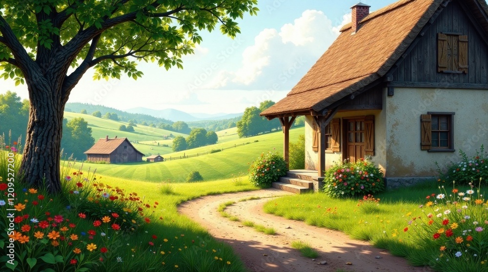 Fototapeta premium Serene Cottage on Rolling Hills, Sunlit Meadow Path, Vibrant Wildflowers, Rustic Charm, Pastoral Landscape