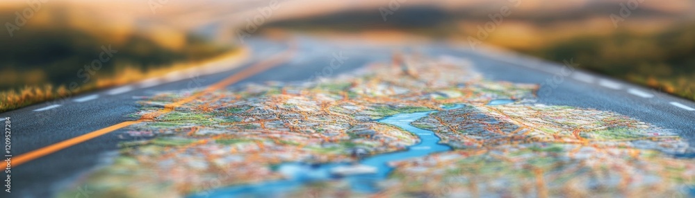 Obraz premium Vibrant map illustration on a winding road at sunset.