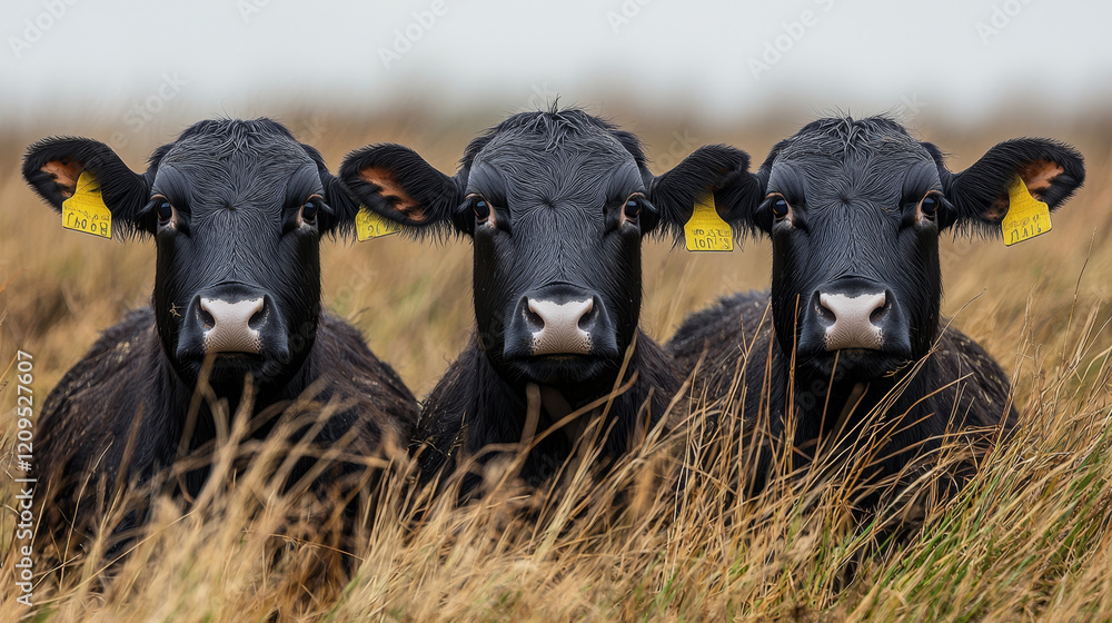 Three black cows calmly gazing forward from tall grass. Three black cows calmly gazing forward from tall grass.