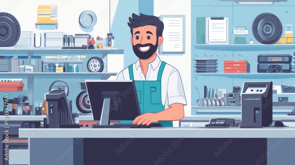 Friendly Mechanic in Auto Parts Store with Smiling Face Friendly Mechanic in Auto Parts Store with Smiling Face