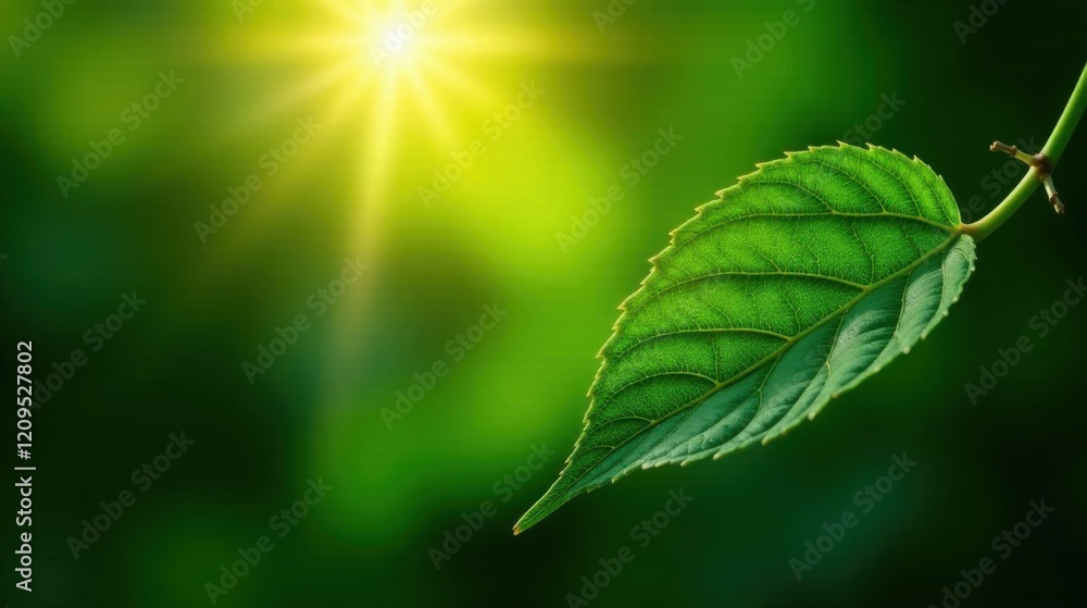 A Single Vibrant Green Leaf Basking in Sunlight's Golden Rays Against a Lush, Dark Green Background A Single Vibrant Green Leaf Basking in Sunlight's Golden Rays Against a Lush, Dark Green Background