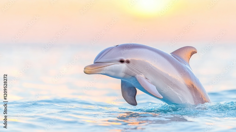 Fototapeta premium Dolphin leaping at sunset ocean sunrise, marine wildlife, peaceful background