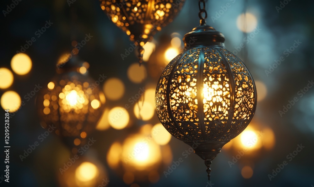 Close-up of traditional Ramadan lights with golden light and Arabic ornaments on a dark background. Bokeh effect, copy space concept. Close-up of traditional Ramadan lights with golden light and Arabic ornaments on a dark background. Bokeh effect, copy space concept.