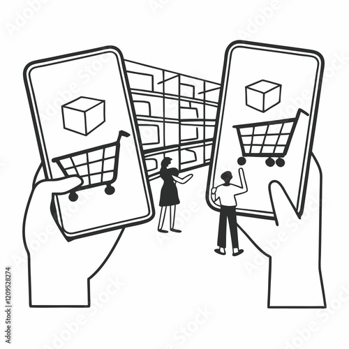 Augmented Reality Shopping with products floating in the air, 3D items, and digital shopping carts