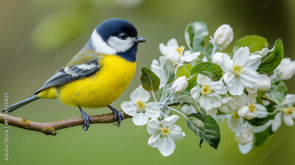 Obraz premium Yellow bird perched on a branch amidst delicate white blossoms.