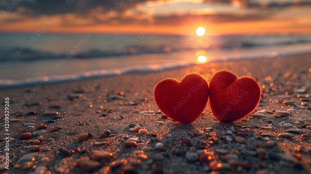 Fototapeta premium Sunset Romance: Two Knitted Hearts on a Beach at Golden Hour